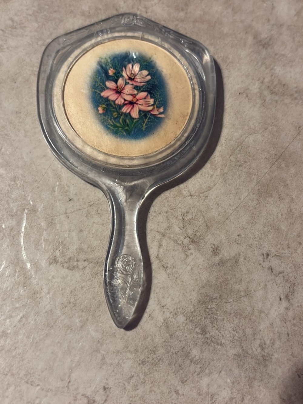 Vintage Clear Glass Hand Mirror with Pink Floral Motif
